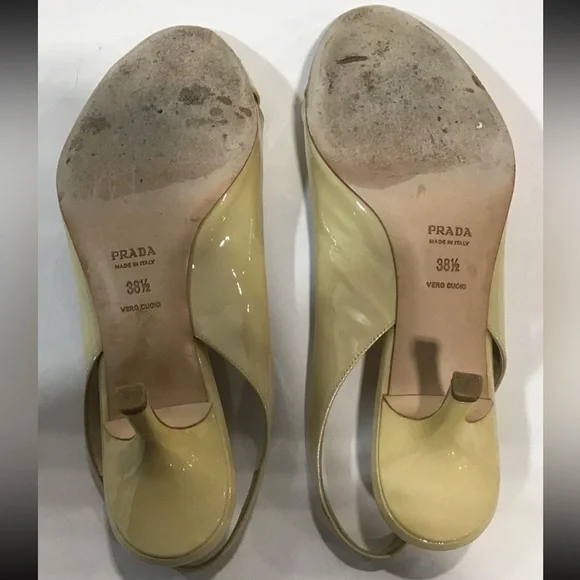 Women’s Prada Beige Patent Leather Peep Toe Sling Back Heels Size 38.5 - Picture 4 of 5